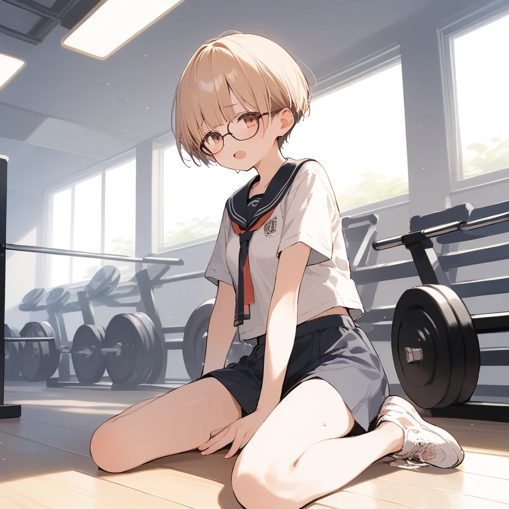 score_9, score_8_up, score_7_up, source_anime, best quality, masterpiece, official art, absurdres, highres, ultra-detailed,waifu2x,Collection: Slice of Life,break,1girl, very short hair,pixie cut, long bangs, glasses, uniform, small breasts, sweat, open mouth, (wavy mouth:0.3), indoors, gym, stretching, summer, break,(clear line illustration:1.2),very high resolution, very aesthetic, super detailed skin, Best sexual lighting powered by famous artist, 8k,cute picture,beauty illustration,photoshop_(medium),,(Detailed Lighting),best anime 8k konachan wallpaper, pixiv contest winner,