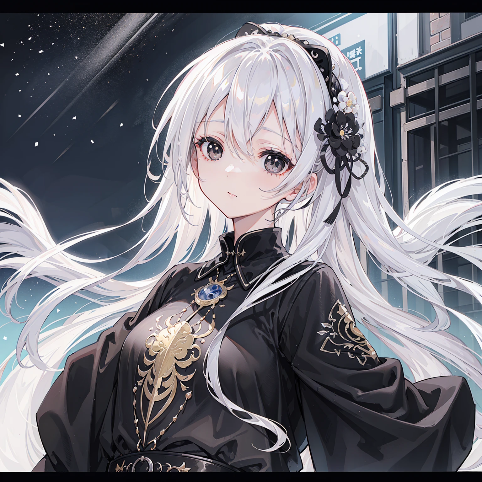 (Top image quality)、(Ultra Detailed)、(Facing forward)、top quality、masterpiece、((((1 girl))))、Silver Hair、white hair、((Long hair))、(black eyes:1.6)
