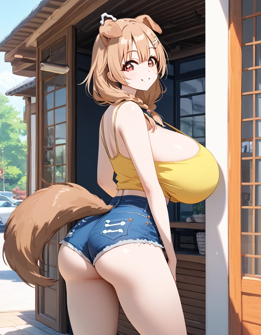 (huge breasts:1.2) (masterpiece) (high quality) (best quality) (1girl), (solo), (slim waist:1.3), (looking at viewer), Inugami Korone, vtuber, slight smile, full body portrait, dog ears, by maenchu, jean shorts, yellow tank top, detailed eyes, back view, huge round ass, dog tail, bone hair clip