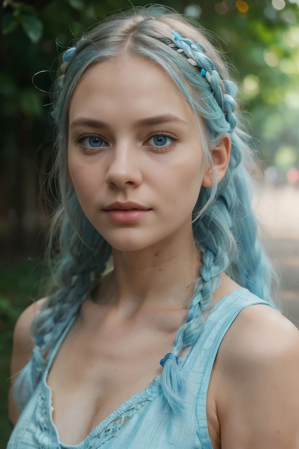 a young girl, orange sleeves, white hair, fair skin, light blue hair accessories, blue spaghetti straps, blue dress, light blue eyes, barefoot, twin braids, (best quality,4k,8k,highres,masterpiece:1.2),ultra-detailed,(realistic,photorealistic,photo-realistic:1.37),detailed facial features, extremely detailed eyes and face, high quality portrait, natural lighting, warm color tones, soft focus background, beautiful detailed eyes, beautiful detailed lips, longeyelashes, detailed clothing folds, intricate hair strands, realistic skin texture