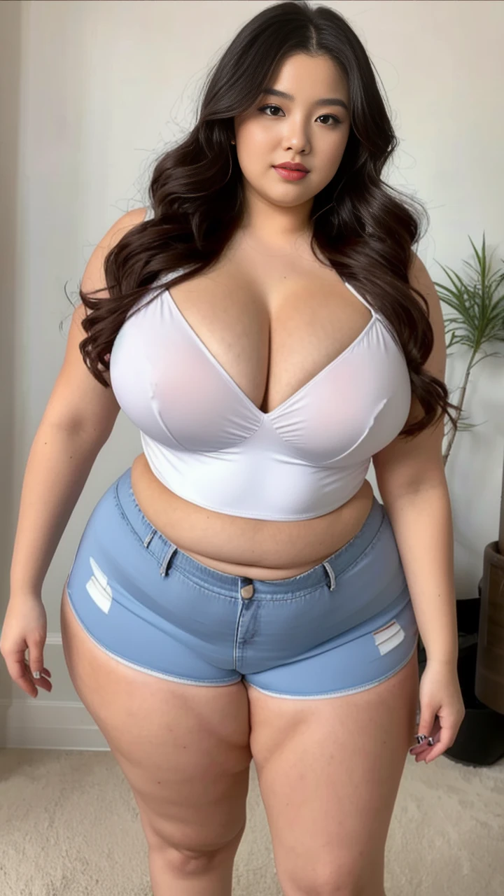((best quality)), ((masterpiece)), (detailed), perfect face, araffeTight skirtsShort , thicc, wavy short hair, she has a jiggly fat round belly, bbwchan, wearing tight simple clothes, skinny waist and thick hips, widest hips, her belly is fat and round, soft curvy shape, hyperrealistic full figure, wearing a cute top, wide hips, Blue swimsuit,On the beach by the seaBlue