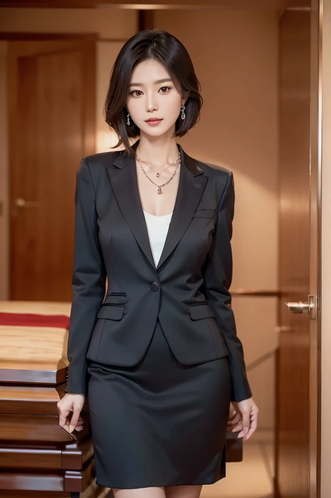 necklace, ring, watch, Earrings, (funeral:1.3), skirt, Black formal suit, whole body, slender, 40 year old Japanese, woman, Beautiful face, Highest quality, Ultra-high resolution, (realism: 1.4), Depth of written boundary, Beautiful Face, (Purelos Face_v1: 0.8), Two people, Natural Makeup,