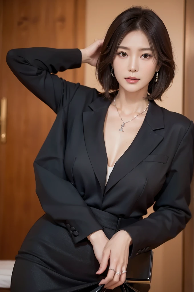 necklace, ring, watch, Earrings, (funeral:1.3), skirt, Black formal suit, whole body, slender, 40 year old Japanese, woman, Beautiful face, Highest quality, Ultra-high resolution, (realism: 1.4), Depth of written boundary, Beautiful Face, (Purelos Face_v1: 0.8), Two people, Natural Makeup,