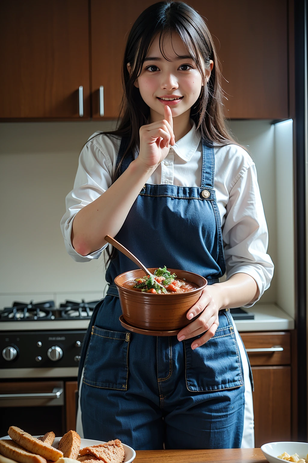 A realistic image of a girl cooking in a modern kitchen, (detailed facial expressions:1.2), wearing a stylish apron, (vivid colors), (soft natural lighting), preparing a meal with various fresh ingredients, (intricate details:1.1), (dynamic and lifelike pose), her friend beside her, both smiling and focused on their dishes, (warm and inviting atmosphere)