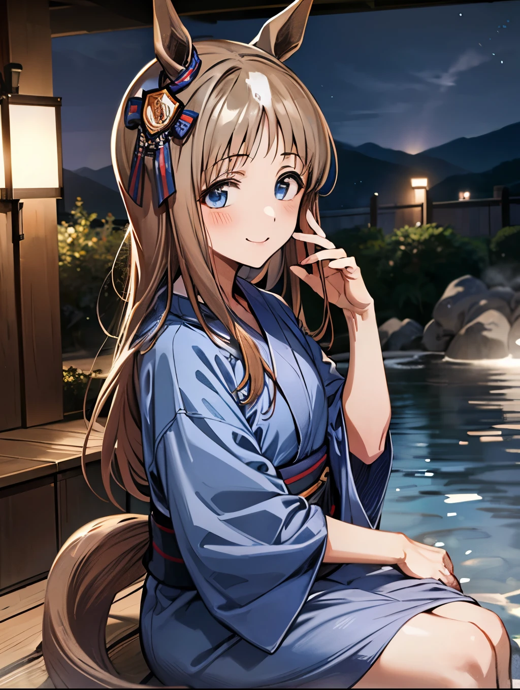 grass wonder \(Umamusume\), 1 girl, Solo, Best Quality, masterpiece, 8K, High resolution, Ultra-detailed, yukata, light smile, blush, sitting on the rock, Japanese style spa, onsen, steam,