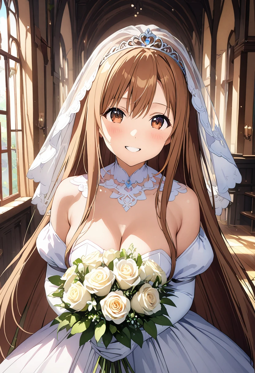 Highest quality、Super detailed、High resolution illustrations、Ultra-high-definition CG、８k size wallpaper、Production Art、Light novel illustrations、（１People Girls)、asuna yuuki, long hair, bangs, brown hair, brown eyes, very long hair, braid、A smile full of happiness、Puff sleeves、Wedding Veil、tiara、Cleavage cutouts、Wedding dress、White Dress、White Gloves、Long skirt、White stiletto heels、Holding a bouquet in both hands、