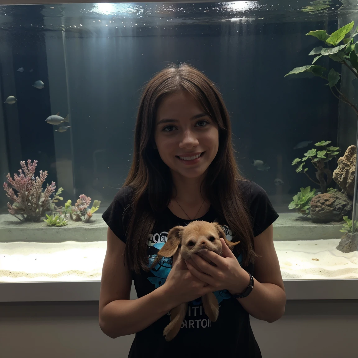 Lucie visiting an aquarium smiling