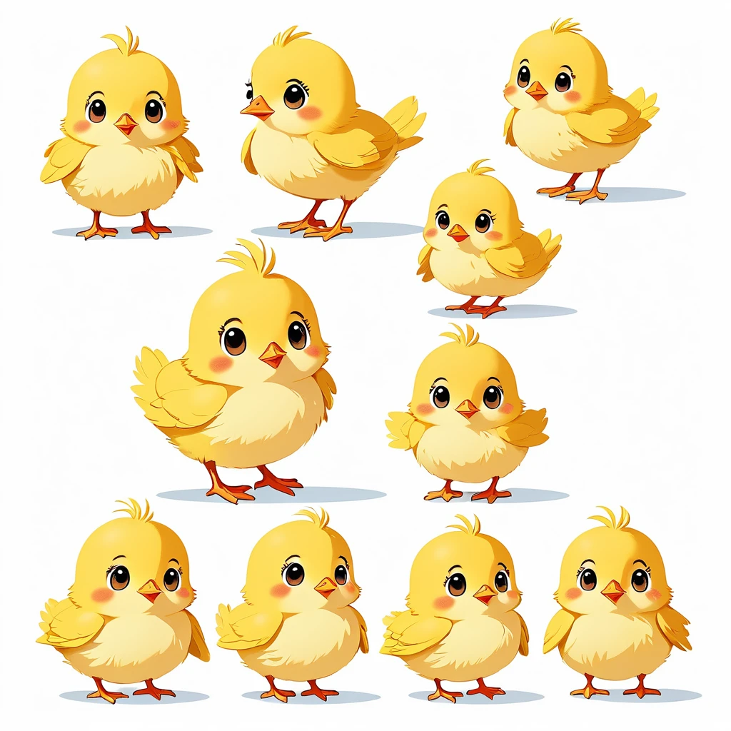a chick, illustration, flat, cute, children's book, multiple poses and expressions, (isolated white background:1.3)
