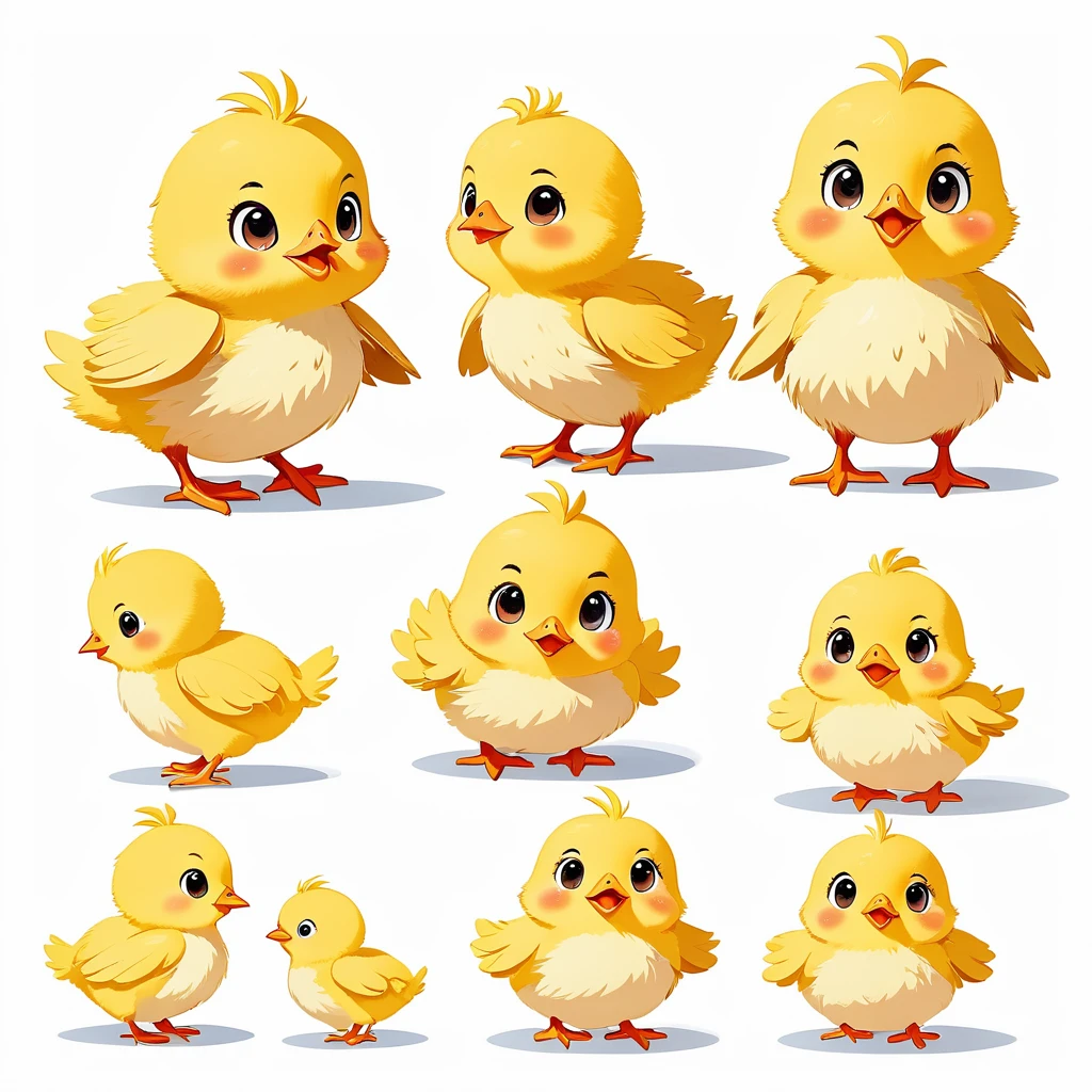 a chick, illustration, flat, cute, children's book, multiple poses and expressions, (isolated white background:1.3)