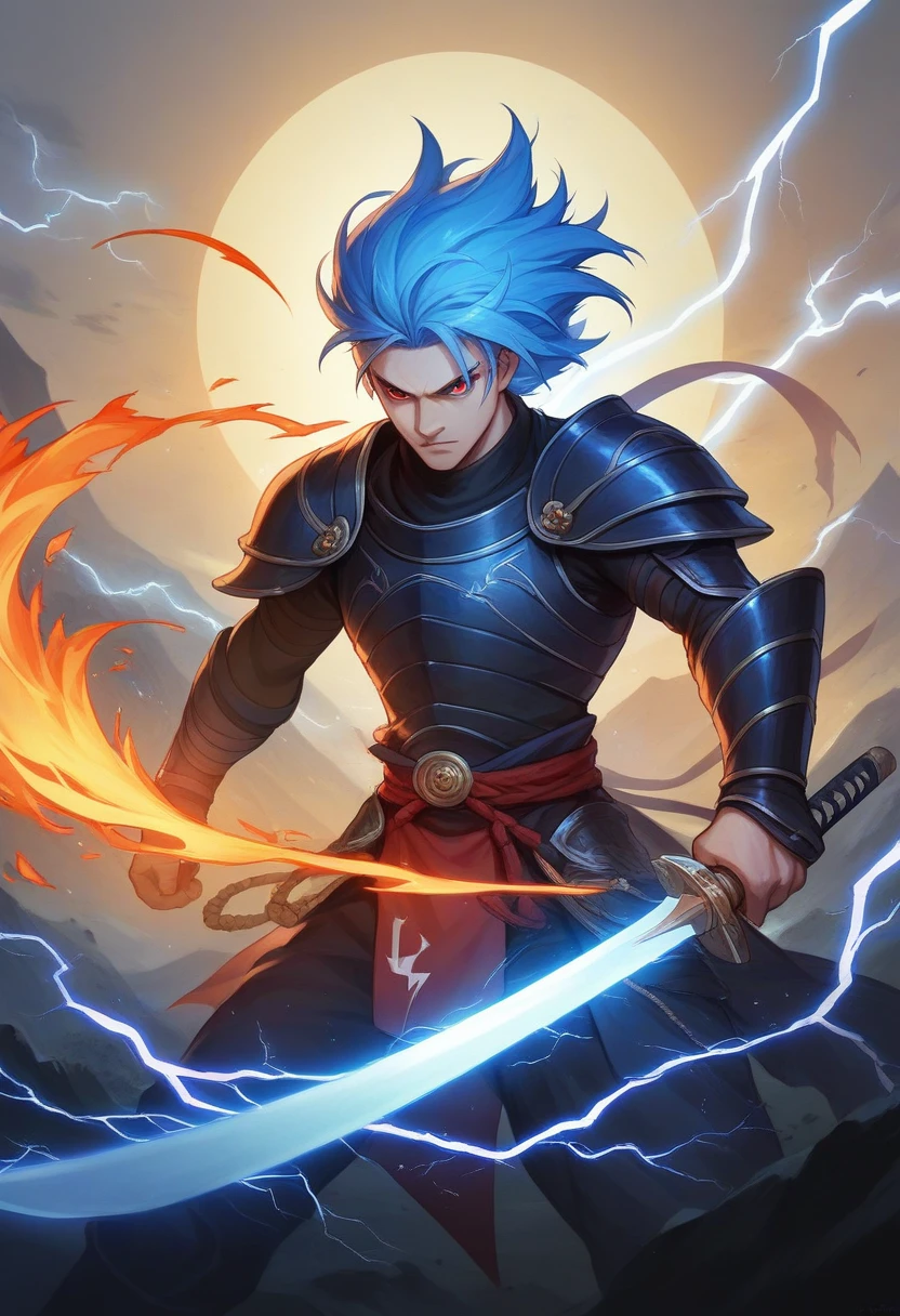 A 3d image of a man wearing black armor ninja knight, blue hair, sharp red eyes standing holding a fiery samurai sword, looks fierce, pitch black,The background is an inscribed logo "Chandra" lightning, lightning,strong winds,abstract, ultra 3d, landscape.