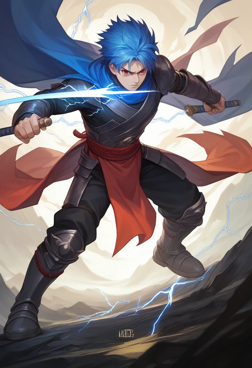 A 3d image of a man wearing black armor ninja knight, blue hair, sharp red eyes standing holding a fiery samurai sword, looks fierce, pitch black,The background is an inscribed logo "Chandra" lightning, lightning,strong winds,abstract, ultra 3d, landscape.