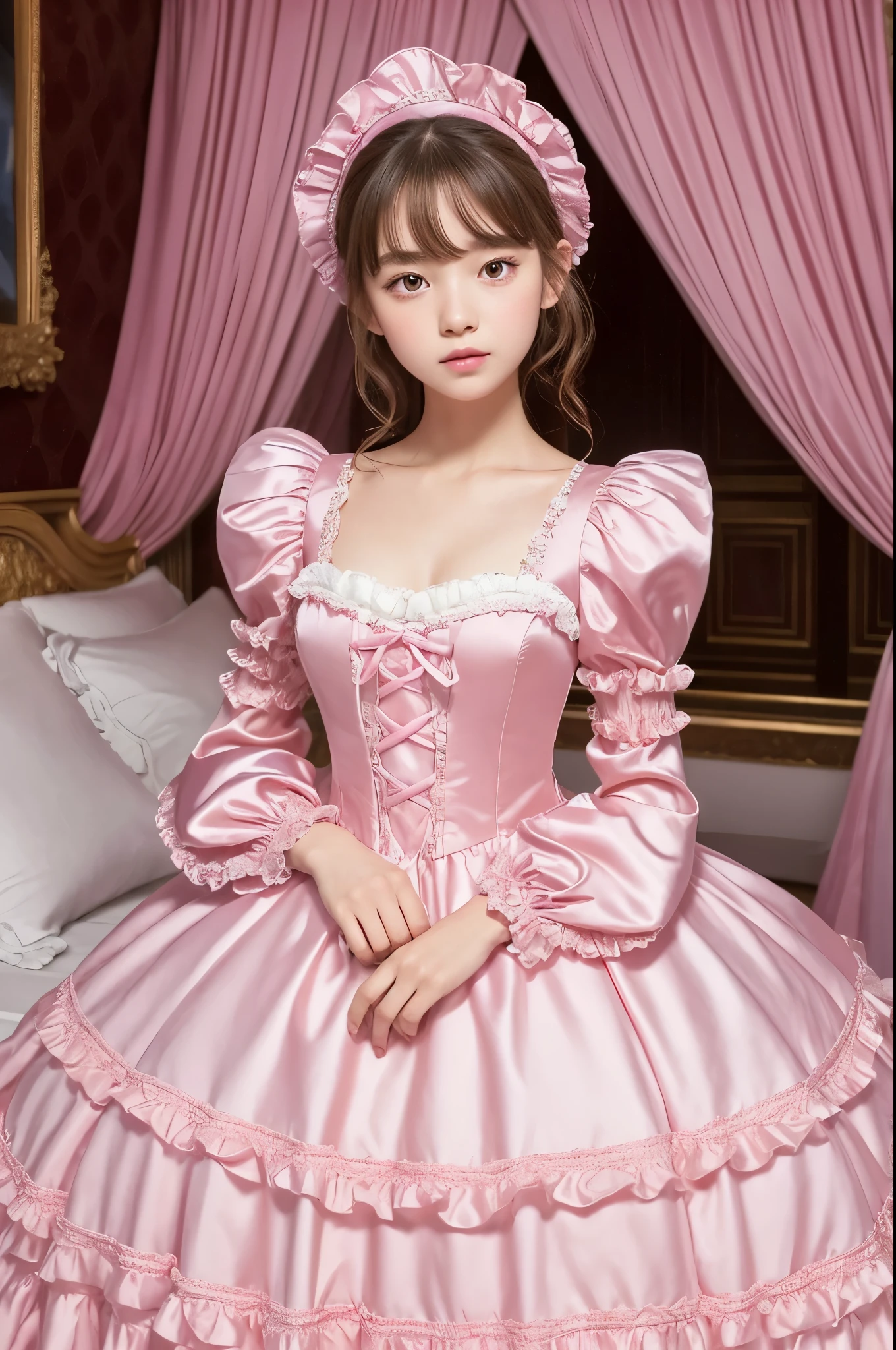 ,highest quality, masterpiece, highest resolution, artwork, super それにget used to it, many get used to it, get used to it, それにget used to it, 3k realistic pictures,,((10 year old s)),Ultra-detailed juvenile face,ultra-detailed beautiful little girl princess,full length ball gown dress with hoop skirt,ruffled yoke collar,puff sleeves,long sleeve,((Lolita style hot pink iled princess satin dress with lots of ruffles and ribbons)),Rococo style lolita fashion,shiny satinss,Soft and smooth fabric,detailed princess dress,luxury,long blonde hair,blue eyes,white skin european,Pajama,((in the bedroom of the palace)),luxury princess canopy king size pink bed,shiny satin sheets,ultra-detailed princess bed,High-quality background,lot of frilled pillows,on the bed,