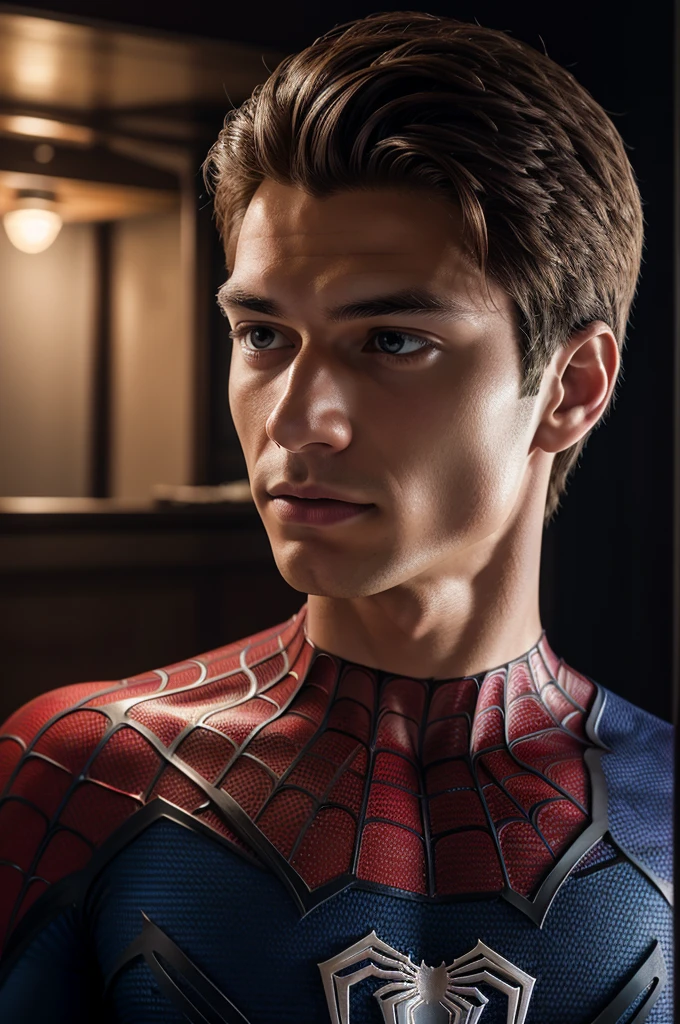 A photograph of spider man, no mask, 20 yo, handsome, detailed face, looking at camera, portrait, 8k uhd, high quality