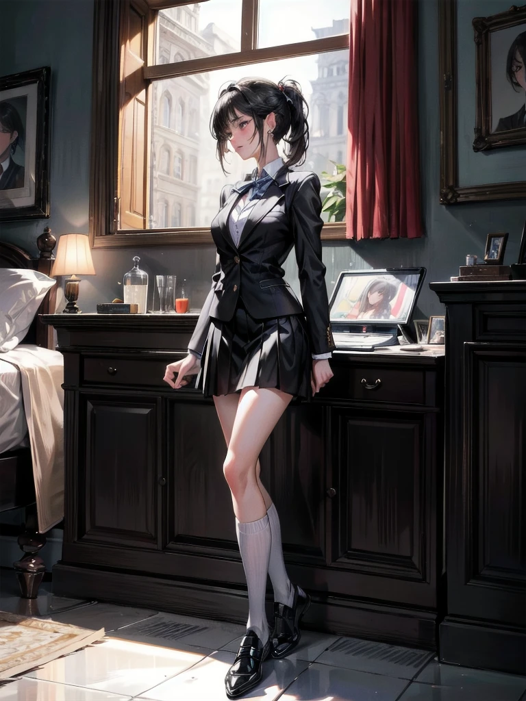 absurdres, RAW photo, extremely delicate and beautiful, masterpiece, Best Quality, ultra high resolution, 32k, hyperrealistic, ultra-detailed, in her 20s, delicate facial features, tearful mole, earring, medium breasts, full body shot, shorter middle hair, black hair, school_uniform, blazer,