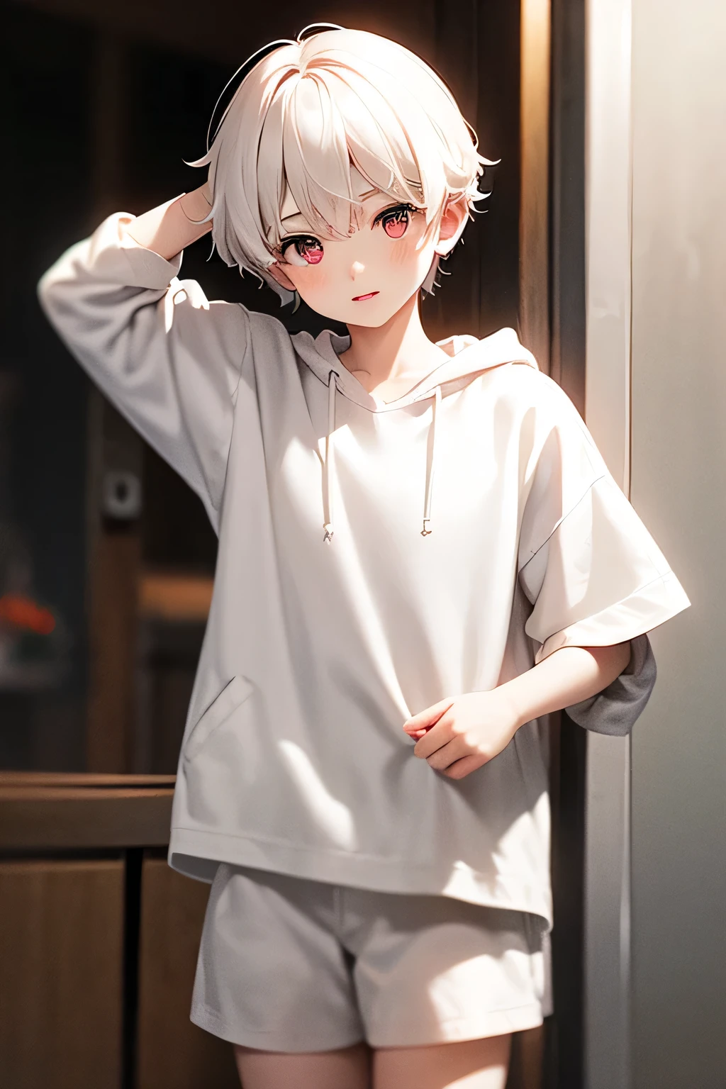 A cute boy with pinkish white skin, short black hair, red eyes, wearing black shorts.