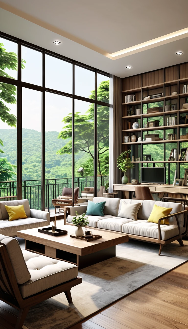 Real、Realistic、Stylish living room、sofa、Chair、table、I can see outside
