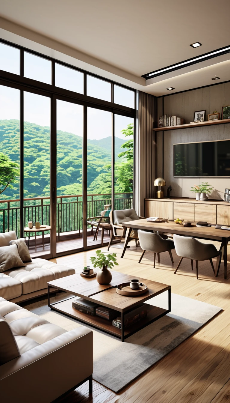 Real、Realistic、Stylish living room、sofa、Chair、table、I can see outside