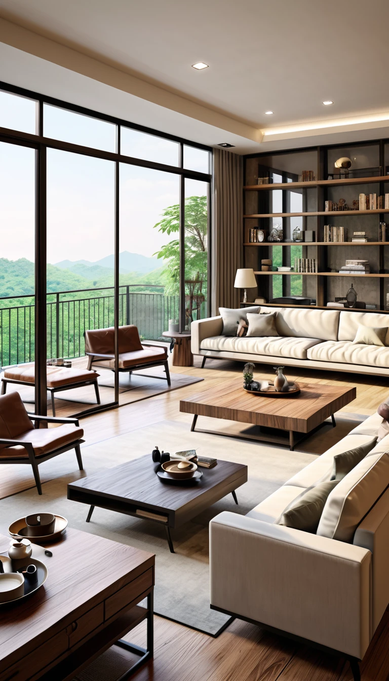 Real、Realistic、Stylish living room、sofa、Chair、table、I can see outside