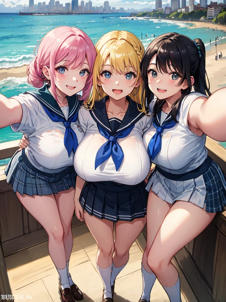 (8K、RAW photo、highest quality)、detailed background、beautiful and detailed face、beautiful and smooth skin、skin texture、professional lighting、beautiful age girl、(three women)、(huge breasts: 1.2)、
cute sailor suit、Pleated mini skirt with tartan plaid pattern、side pony、ponytail、cute hairstyle、ニーhigh socks、high socks、
selfie、school trip、laughing、smiling、sexual expression、sydney、Australia、Opera House、harbor bridge、darling harbor、bondi beach
、You may also take photos with the famous landmarks and symbols of your travel destination.