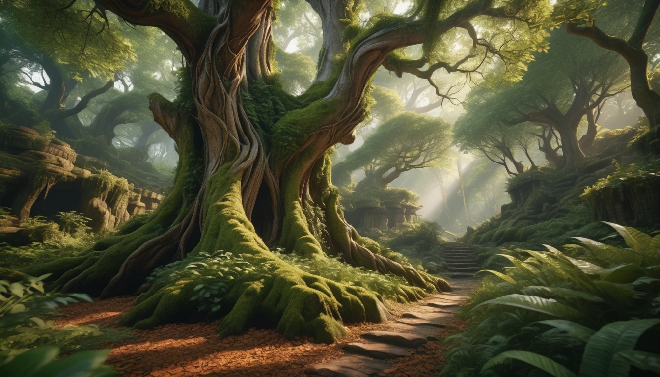 photorealistic, ultra-detailed, 8k, detailed ancient twisted trees, lush green forest, magical forest scene, mystical atmosphere, whispering leaves, folklore elements, intricate bark textures, natural lighting, warm color tones, cinematic composition, stunning landscape, ethereal ambiance, breathtaking realism