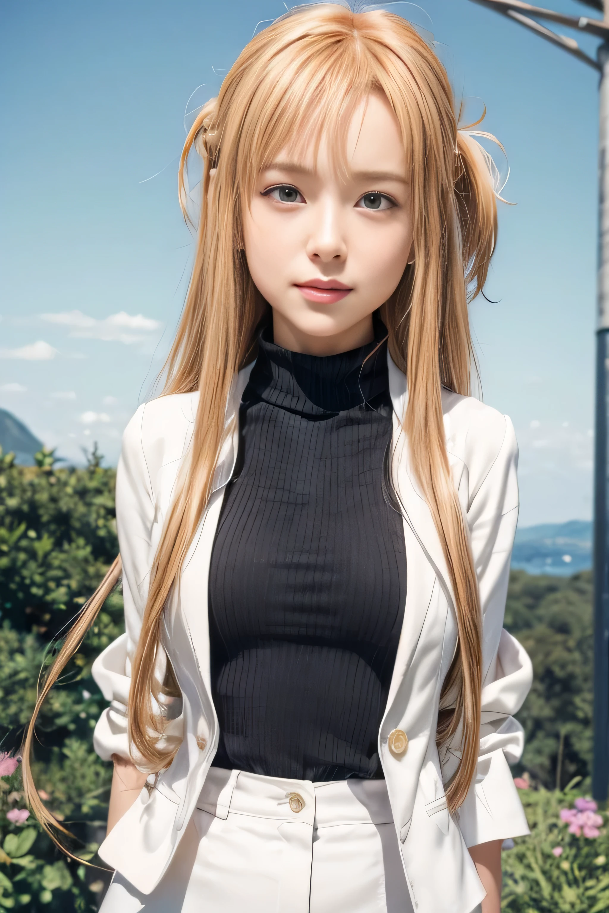 masterpiece, best quality, (realistic,photo-realistic:1.4), (RAW photo:1.2), extremely detailed CG unity 8k wallpaper, delicate and beautiful, amazing,finely detail, official art, absurdres, incredibly absurdres, huge filesize, ultra-detailed,extremely detailed eyes and face,light on face,(little smile),(wearing white blazers:1.4),yuuki asuna,(caramel hair:1.4),long hair,(wearing black turtleneck:1.4),(nature background:1.4)