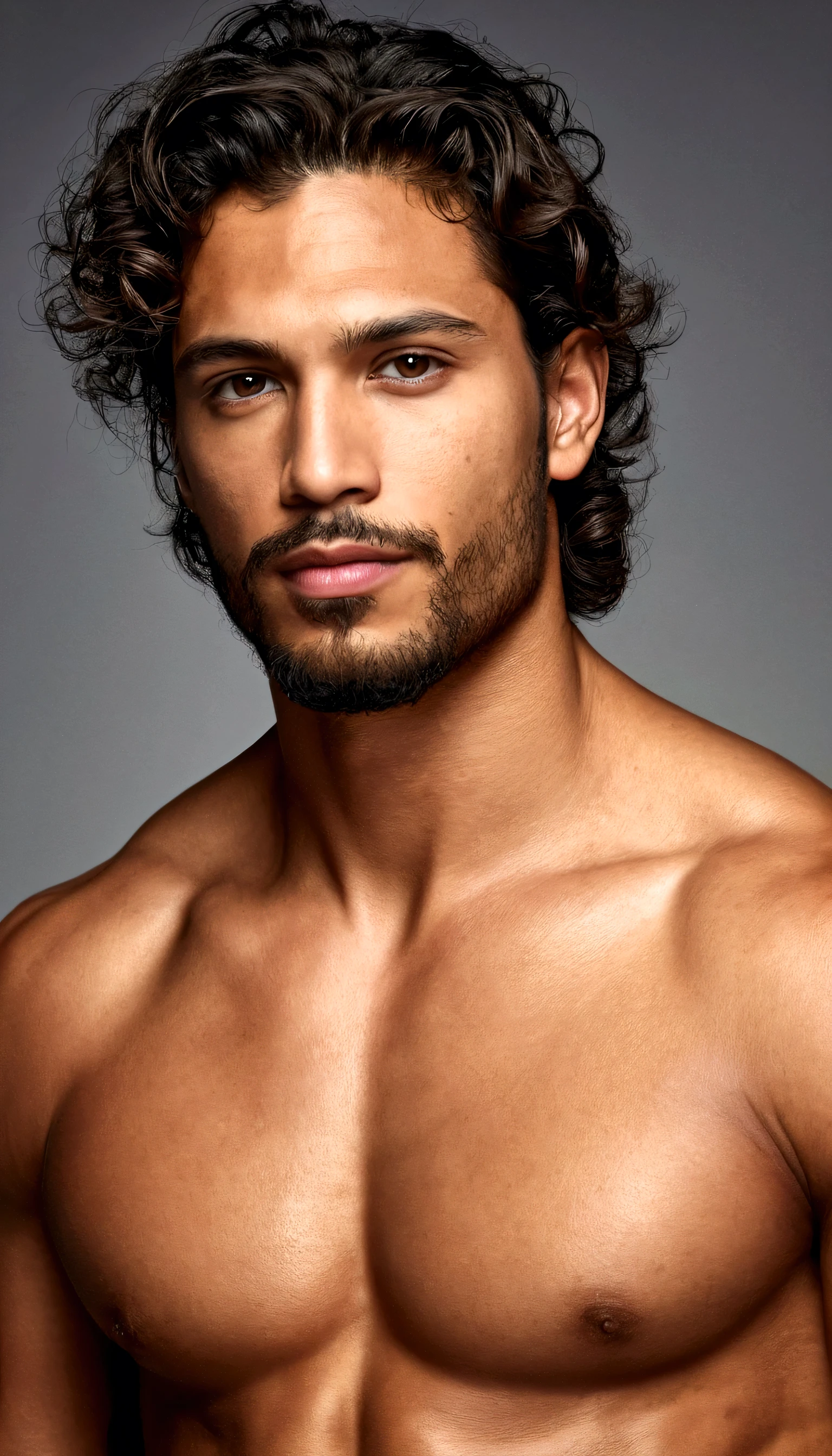 Portrait of a handsome Latin male model, 28-year-old, with bare upper body, 3-day beard, with dark and messy wavy hair, super light-grey eyes, full lips, defined muscles, fit, Long shot, Ultra-highly detailed face, realistic, dimly light