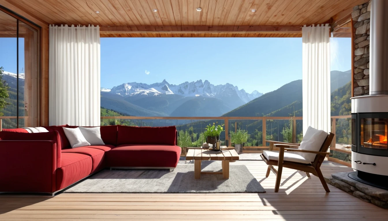 Describe a modern living room with a wooden deck and a fireplace in a mountainous setting, with the following features: * A cozy atmosphere with a warm rug and throw blankets * A modern furniture design with a deep red sofa and white cushions * A wooden wall with a woodburning stove * A wooden deck with a view of the surrounding mountains * A pendant light hanging from the ceiling * A table with a cold beer placed on it * A white curtain with plant leaves attached * A sunny morning with a clear sky outside Please describe this scene in great detail, using a 16k resolution and focusing on the beauty of the atmosphere and furnishings.
