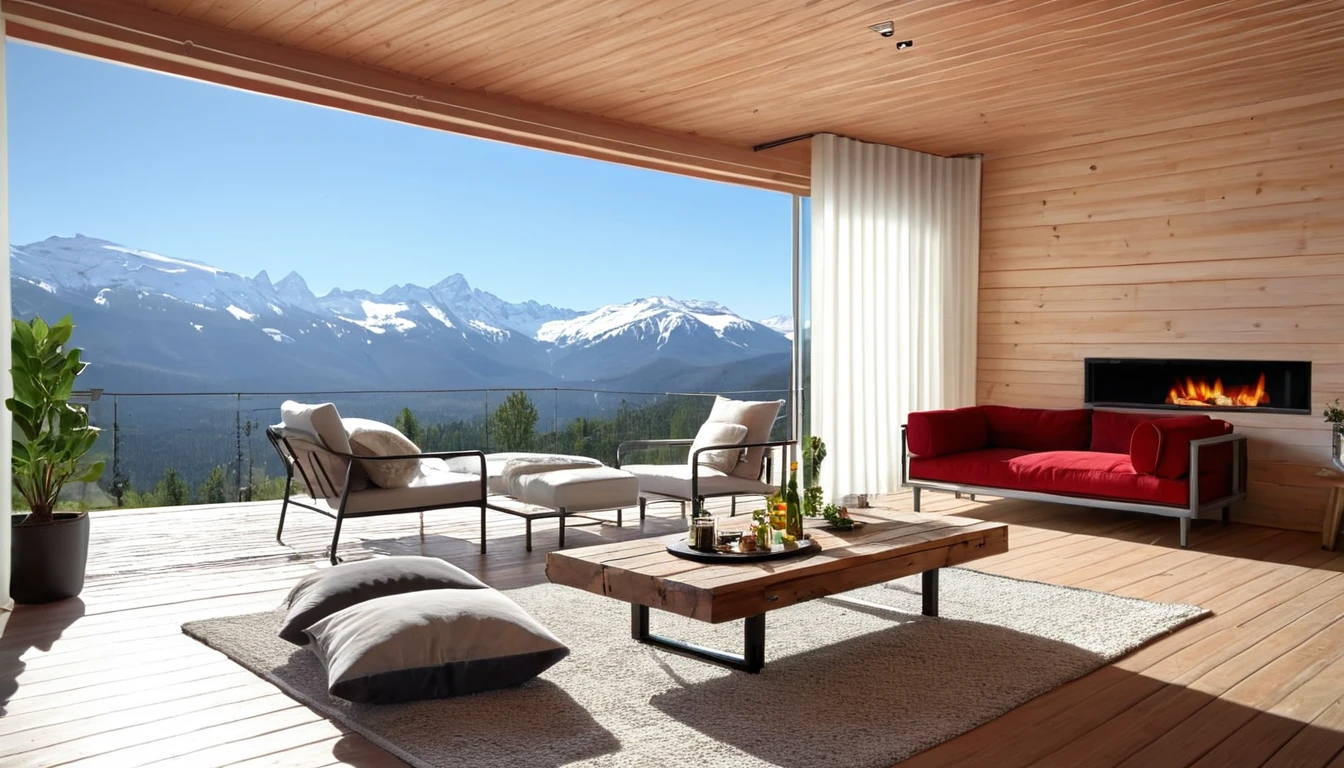 Describe a modern living room with a wooden deck and a fireplace in a mountainous setting, with the following features: * A cozy atmosphere with a warm rug and throw blankets * A modern furniture design with a deep red sofa and white cushions * A wooden wall with a woodburning stove * A wooden deck with a view of the surrounding mountains * A pendant light hanging from the ceiling * A table with a cold beer placed on it * A white curtain with plant leaves attached * A sunny morning with a clear sky outside Please describe this scene in great detail, using a 16k resolution and focusing on the beauty of the atmosphere and furnishings.