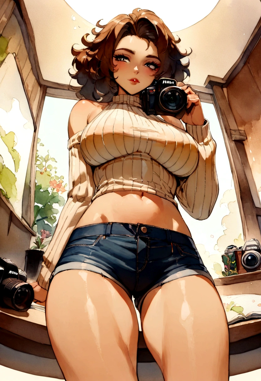 (), big ,(masterpiece), Best quality, extremely detailed, (watercolor), blossom, Delicate and beautiful, illustration, (from below),(1 girl:1.4), (One:1.2), big breasts, (ribbed sweater:1.3), off shoulder sweater, (short shorts:1.2), bare shoulders, (lower chest), ((dark skin:0.8)), Beautiful eyes, (wild hair ), photo, Shot over the shoulder, author Alex Maleev, professional, camera canon, Nikon camera, spicy, hips, studio quality, fisheye lens, Robert Kapa ,