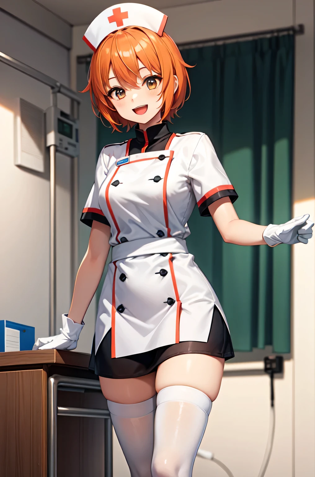 1girl, solo, nurse, nurse cap, white nurse uniform, ((white legwear, zettai ryouiki)), white gloves, very short hair, orange hair, smile, open mouth, standing, ((hospital room)), sharp outline, short sleeves, tomboy, boyish, best quality, masterpiece