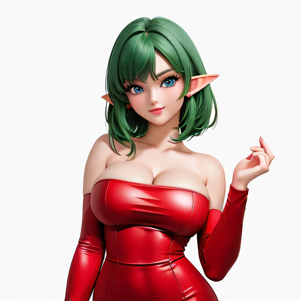 ((masterpiece,Highest quality,Very delicate,Perfect Face,16K,High resolution,Very beautiful girl)),dynamic pose,Medium short green hair:1.2, Red strapless bodycon tube dress ,Red long sleeve,Elf Girl,((Huge breasts:1.3)),blue eyes,Beautiful smile,20-year-old,