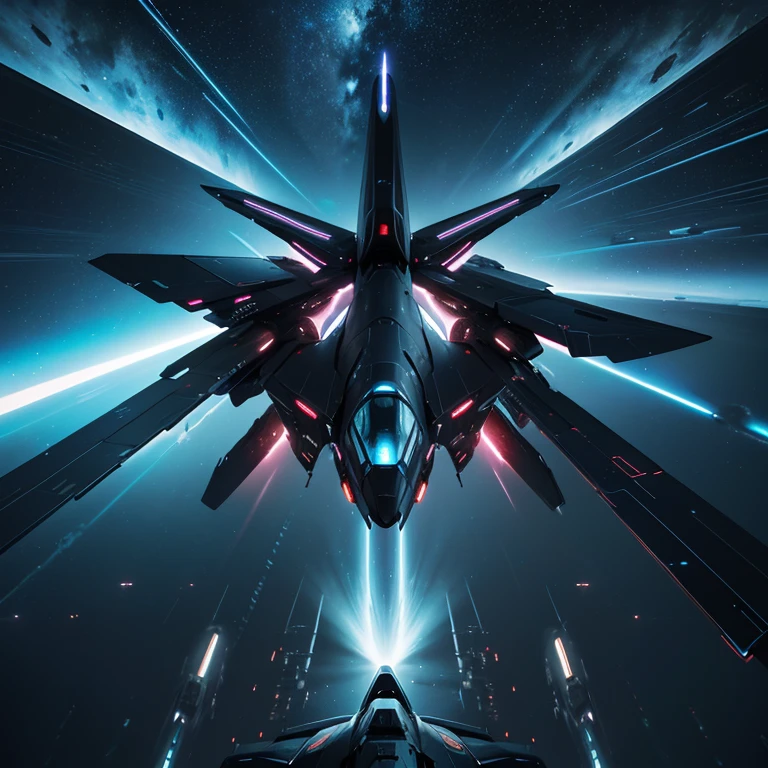 A vast and epic space battle, futuristic spaceships engaged in an intense interstellar conflict, explosions and energy beams lighting up the dark void of space, fighter pilots maneuvering with precision, a dramatic and cinematic scene of cosmic warfare, highly detailed and photorealistic, digital art, muted color palette with neon accents, dramatic lighting and contrasts, moody and atmospheric
