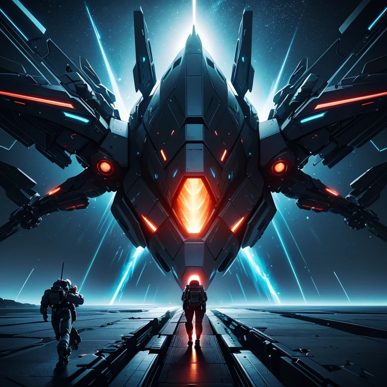 A vast and epic space battle, futuristic spaceships engaged in an intense interstellar conflict, explosions and energy beams lighting up the dark void of space, fighter pilots maneuvering with precision, a dramatic and cinematic scene of cosmic warfare, highly detailed and photorealistic, digital art, muted color palette with neon accents, dramatic lighting and contrasts, moody and atmospheric