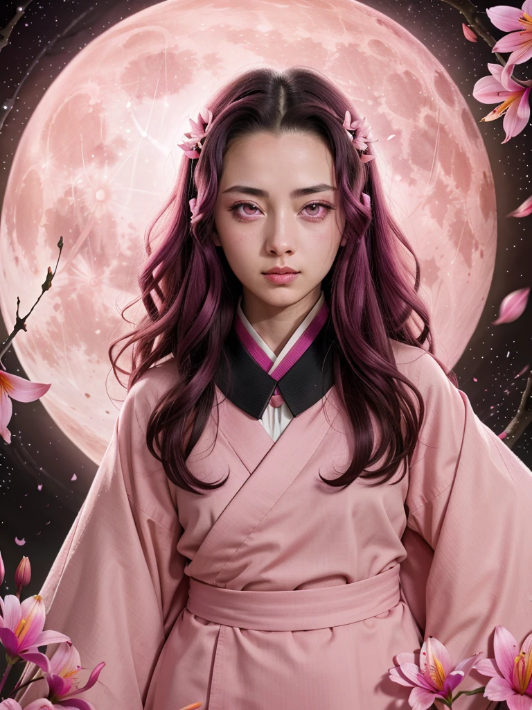 A Japanese girl in black and white with red embellishments, wearing an elaborate headdress made of various flowers and chains, pink eyes, full body portrait, in the cyberpunk style, with a large round moon behind her. A detailed illustration in the style of Junji Ito and Hikari Shimoda, creating a surreal atmosphere. The design incorporates dark gray tones and cherry blossoms, featuring Gothic elements. It is an intricate artwork that blends anime aesthetics with hyper-realistic details