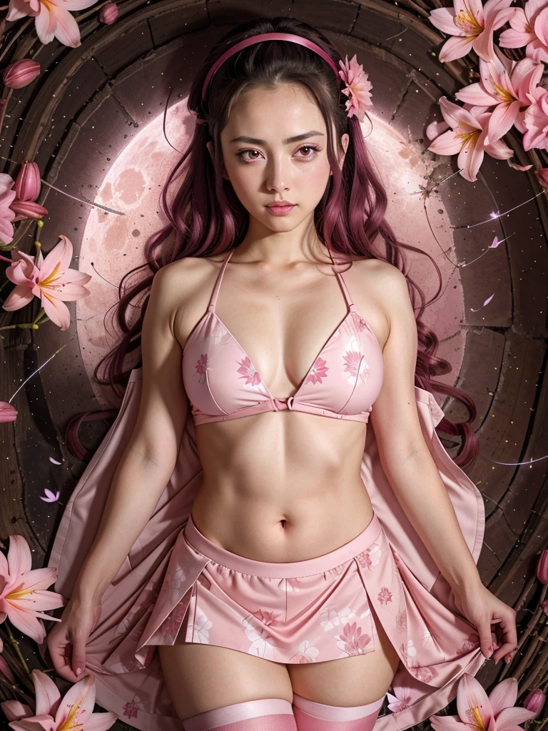 absurdres, highres, ultra detailed, HDR, master piece, best quality, Kamado Nezuko, expressive pink eyes, Kimetsu No Yaiba, 1woman, extremely beautiful, pink petals, pink lilies, pink moon, fireflies