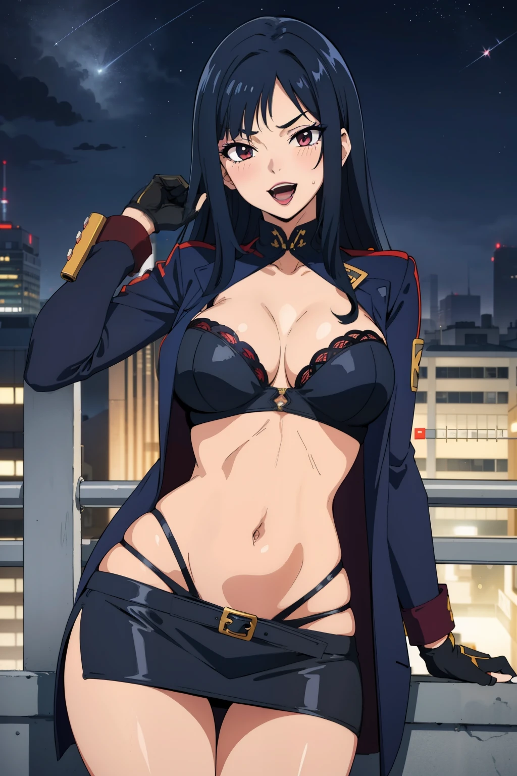 maturewoman,darkblue hair, bangs, lipstick, long hair, blush, lipstick, fur trim, mature female, gloves, fur-trimmed coat, outdoors, rooftop, cityscape, building, railing, night, night sky, scenery, city lights, blush, lipstick, masterpiece, best quality, highly detailed, a girls with a gun, open mouth, blazer, sexy gaze, (nsfw) not
safe for work, badass pose , evil smile, smile, black bra, anime girl with long hair, long haired girl,
navel, evil expression, exposed belly, exposed navel, exposed midriff, exposed lower belly, micro
miniskirt, micro pencil skirt, pencil skirt ,holding a gun, navel piercing