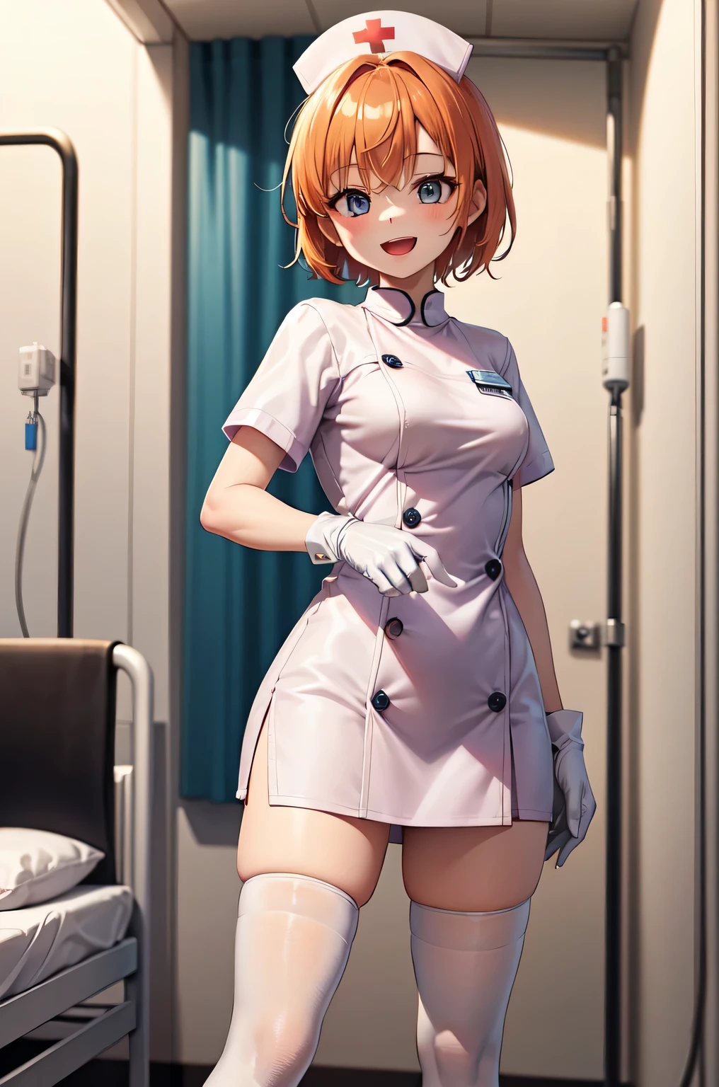 1girl, solo, nurse, nurse cap, white nurse uniform, ((white legwear, zettai ryouiki)), white gloves, very short hair, orange hair, smile, open mouth, standing, ((hospital room)), sharp outline, short sleeves, tomboy, boyish, best quality, masterpiece