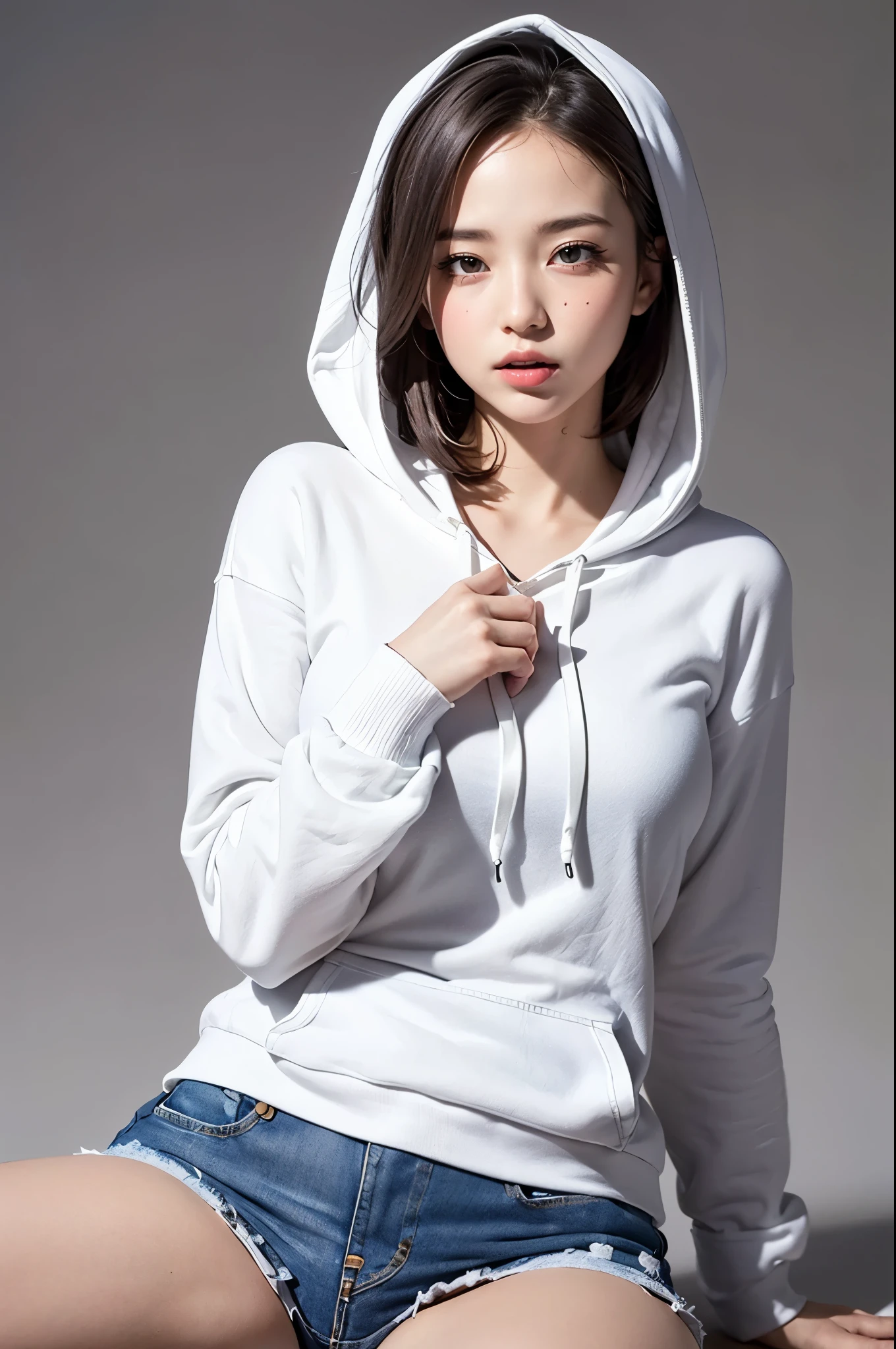 NSFW:0.8、smil、((itting open legs:1.25))、Wearing a hood、I have very long bangs、Panties are visible、((white panties with very large polka dots))、I have bangs、Sitting on a bench、Street fashion、Black High Socks、High-cut sneakers、(((Oversized hoodies)))、Black Bucket Hut、((a miniskirt))、((masutepiece, Better Quality)),Ultra Detailed 8k,Photorealistic,Sharp Focus,Very detailed,Professional Lighting、Glossy, Intricate details,(((Cute, Sexy, ultradetailed eyes,((Delicate Photos)),(Detailed RAW photos of girls), (masutepiece:1.25), (Best Quality:1.6), (超A high resolution:1.5), (Photorealistic:1.75), 8K resolution, Canon EOS R5, 50 millimeters, absurderes, ultra-detailliert,Cinematic lighting,hight resolution、high-level image quality、in 8K、Real live-action、Raw photography、top-quality、masterpiece、masutepiece、Erotic,de pele branca,kne, absurderes,a small face、huge-breasted、Forehead visible,masterpiece,top-quality、超A high resolution,Raw photo,ren,Beautiful fece,One Person, 独奏,fullllbody、Very nice、A Japanese Lady,is standing,(Photorealsitic:1.4)、Photon mapping、Realistic、Cute little face,18 years old, adult woman、Physically Based Rendering、Foreground、depth of fields、Blurry background、a picture,The girls、Body,beauty legs, Long legs,Thin leg、 s lips, nosesoft, Knees are visible,Sheer clothing、Sparkling eyes、shiny lip、too bright natural light、The Bright Sun、Too bright sunlight、