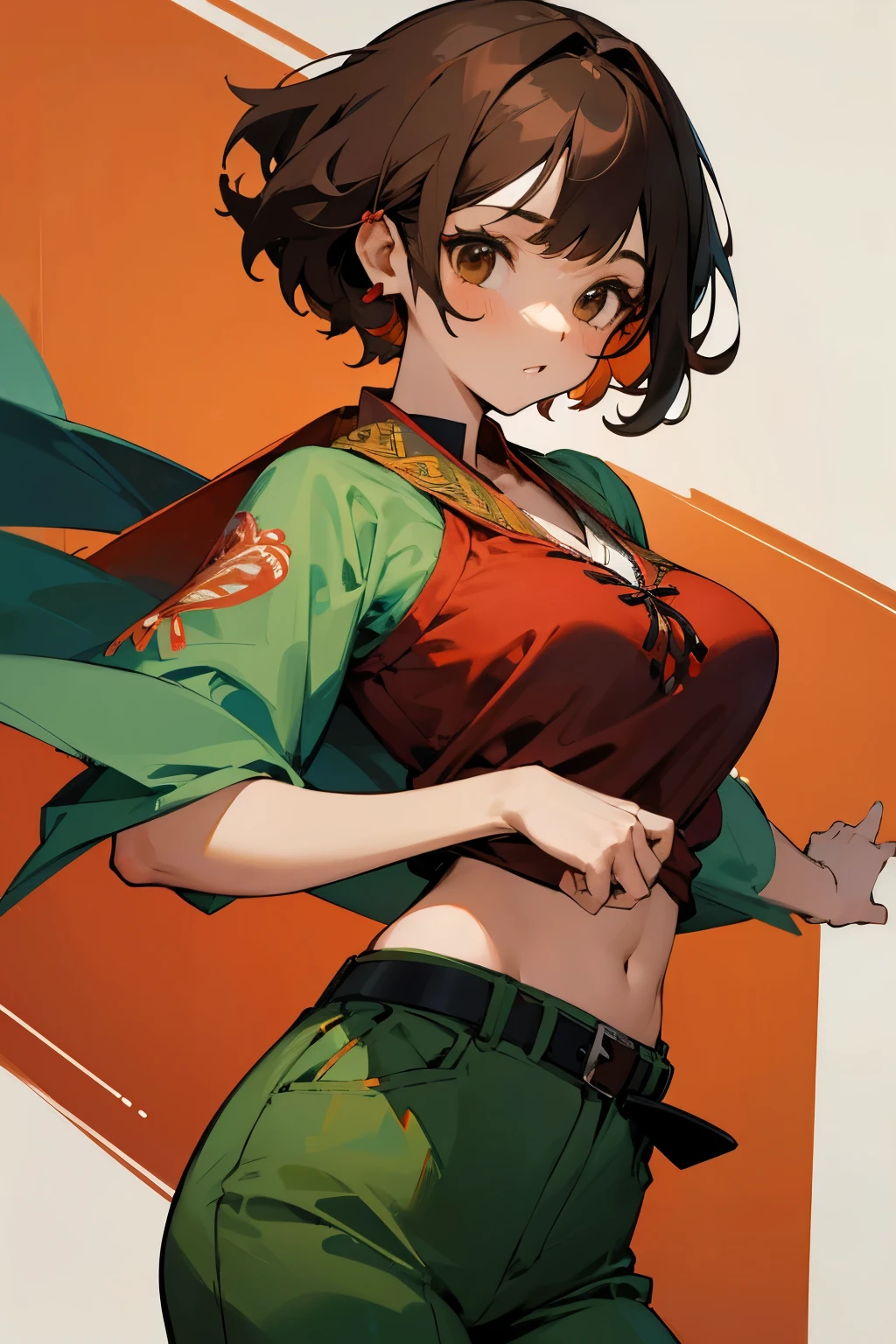 Cute girl, shawl, brown eyes, short-sleeved red shirt, short green pants, big breasts, decorations and embroidery on clothes, black belt.
