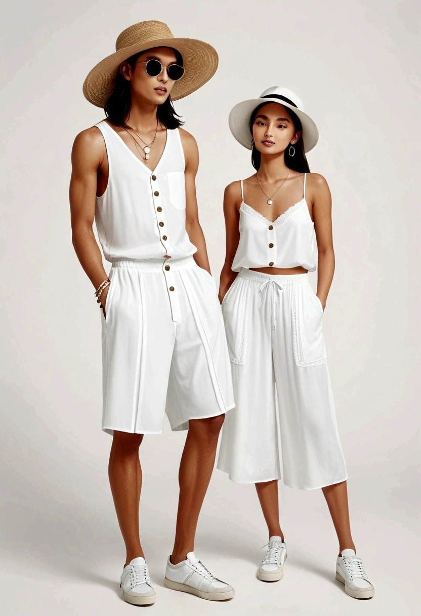 candid fashion illustration of young Asian man and woman, both aged 20 year old, ((showcase fashion look book in a White rayon outfits)), inspired by Zara's resort collection 2020 in elegant young bohemian style. The man wears an oversized short-sleeved bowling white shirt with a pocket details, paired with relaxed-fit white Sports Wide Leg Shorts Baggy short and Drawstring, He completes his look with white sneakers, sunglasses and bracelet. The woman complements him in a white Ankle-length dress in a rayon with delicate lace insets, V-shaped neckline, covered buttons down the front and an open section, spaghetti shoulder straps, Gathered tiers down the skirt and a scalloped hem, Her ensemble includes an accessorizes with a wide-brimmed straw hat, white sneakers and necklace. Captured in a low angle, ((full-body image)), ((blank background)), sketching, realistic charcoal lines, imperfect drawing, fading sketch, fashion look book, fashion illustrator, sketch design,