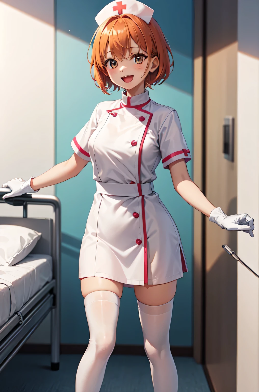1girl, solo, nurse, nurse cap, white nurse uniform, ((white legwear, zettai ryouiki)), white gloves, very short hair, orange hair, smile, open mouth, standing, ((hospital room)), sharp outline, short sleeves, tomboy, boyish, best quality, masterpiece