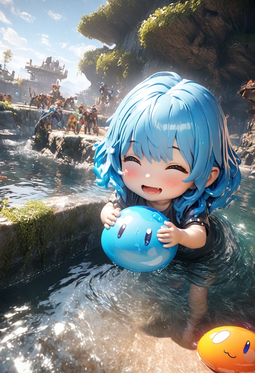 masterpiece, best quality, extremely detailed CG unity 8k wallpaper, Colorful slime、Cute expression、Little boy with blue hair、In the great outdoors、Cool illustrations、Realistic representation of water、Octane Rendering Style、3D Art