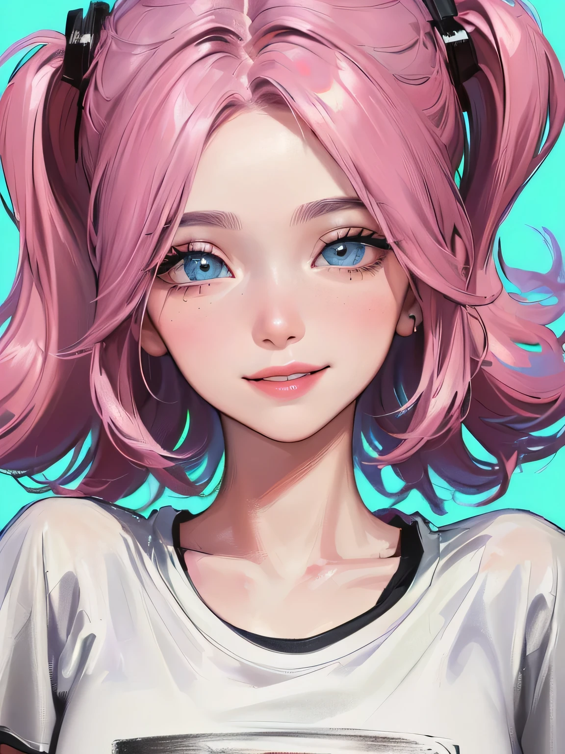 (((1 woman)))、(maximum resolution、distinct_image) Best quality、(((pop art)))、1990-е годы、((colorful background))、((illuminating))、very detailed、semi-realistic、pink hair、((painted hairstyle、smile、bang、20 years、young、((t-shirts))、fine facial features facial features、bottom view、((detailed eyes))