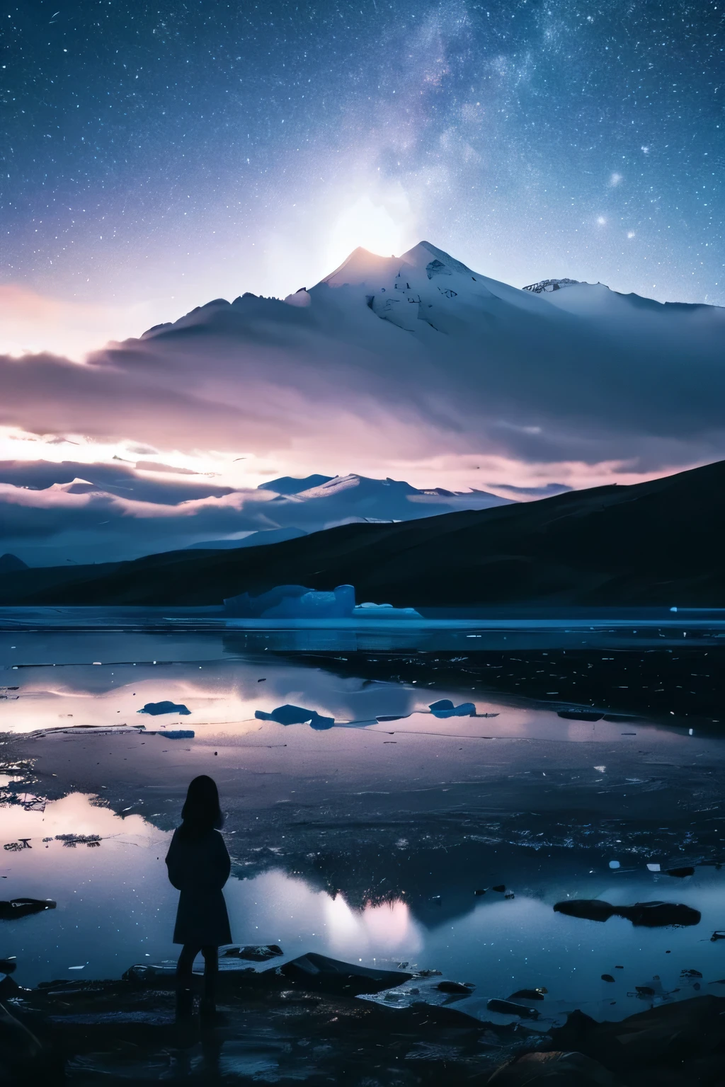 Lonely Ice Land、Faint moonlight in the night sky、Gloomy sky、A faint light in the distance、Lonely scenery、A girl who looks small、Girl's back view、Sad snow world、Image size 1280 x 720、Night Sky、A freezing ice world、I see a small light far away。
