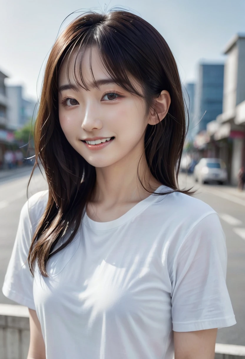 highest quality、8k、32K、Masseter muscle part、nffsw:1.3)、cute japanese girl、1 girl、long hair、profile、(crack your abs、slim body shape:1.2)、(lips) 、smiling showing teeth,(orange hair)、double eyelid、shiny skin、realistic rays of light、big、beautiful face、(laughter:1.3)、squat、(From above:1.2)、(Close-up:1.4)、coastal、white t-shirt、blurred background、(front focus)、(dark: 1.6)、fantasy art、photo realistic、professional lighting、highly detailed face、award-winning、deep shadow、((Ultra-realistic raw photos)),fine eyes,Eyes like the real thing,fine hair,