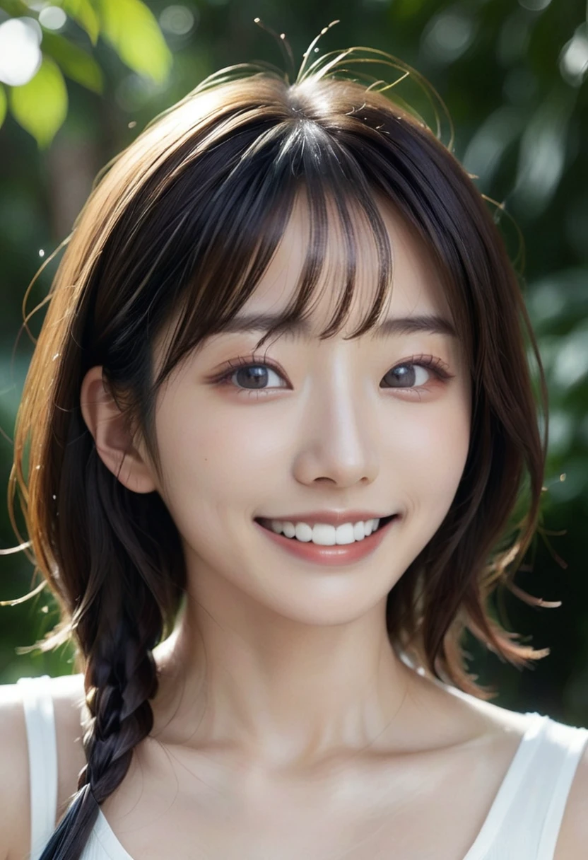 highest quality、8k、32K、Masseter muscle part、nffsw:1.3)、cute japanese girl、1 girl、long hair、profile、(crack your abs、slim body shape:1.2)、(lips) 、smiling showing teeth,(orange hair)、double eyelid、shiny skin、realistic rays of light、big、beautiful face、(laughter:1.3)、squat、(From above:1.2)、(Close-up:1.4)、coastal、white t-shirt、blurred background、(front focus)、(dark: 1.6)、fantasy art、photo realistic、professional lighting、highly detailed face、award-winning、deep shadow、((Ultra-realistic raw photos)),fine eyes,Eyes like the real thing,fine hair,