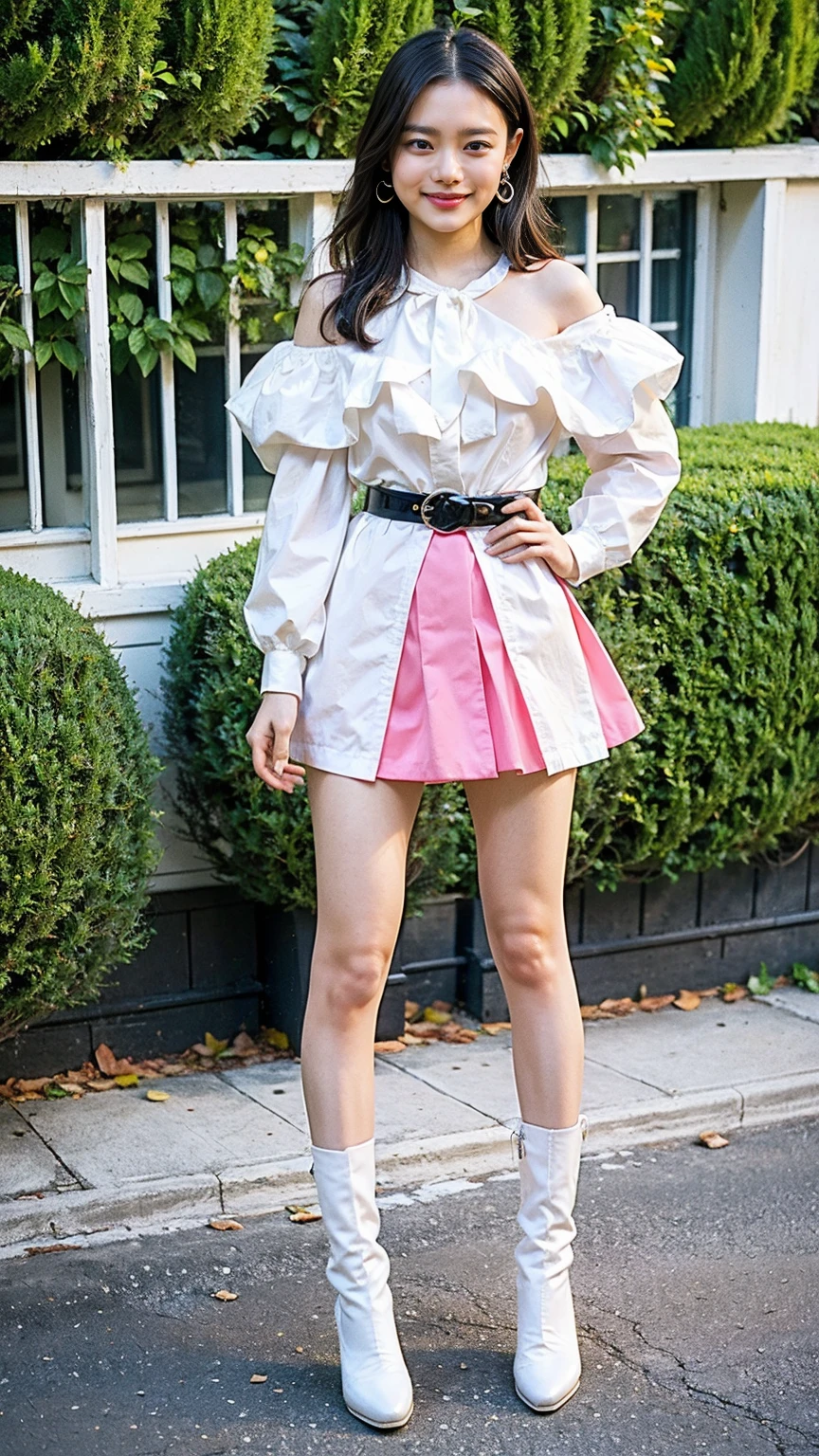 (8K、RAW Photos、Highest quality、masterpiece:1.2)、(Realistic、Realistic)、1 Girl、((mini skirt、Black and Pink、Thin legs、whole body、boots、Clothes with ribbons、Anime Costumes、Chest ribbon、Off the shoulder、See-through、Frills、garden、smile、View from the front、Ribbon on chest、Looking into the camera、belt、Stand with hands on hips))、