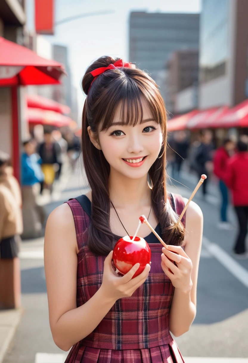 Portray a person with a cute hairstyle, sporting a sweet smile, while enjoying a candy apple, all depicted in the style of Japanese photography with hyper-realistic portraits. Dress the individual as a cheerleader and incorporate instruments typically used in an orchestra. Utilize a local cityscape as the background and experiment with shades and out-of-focus elements using an instant camera