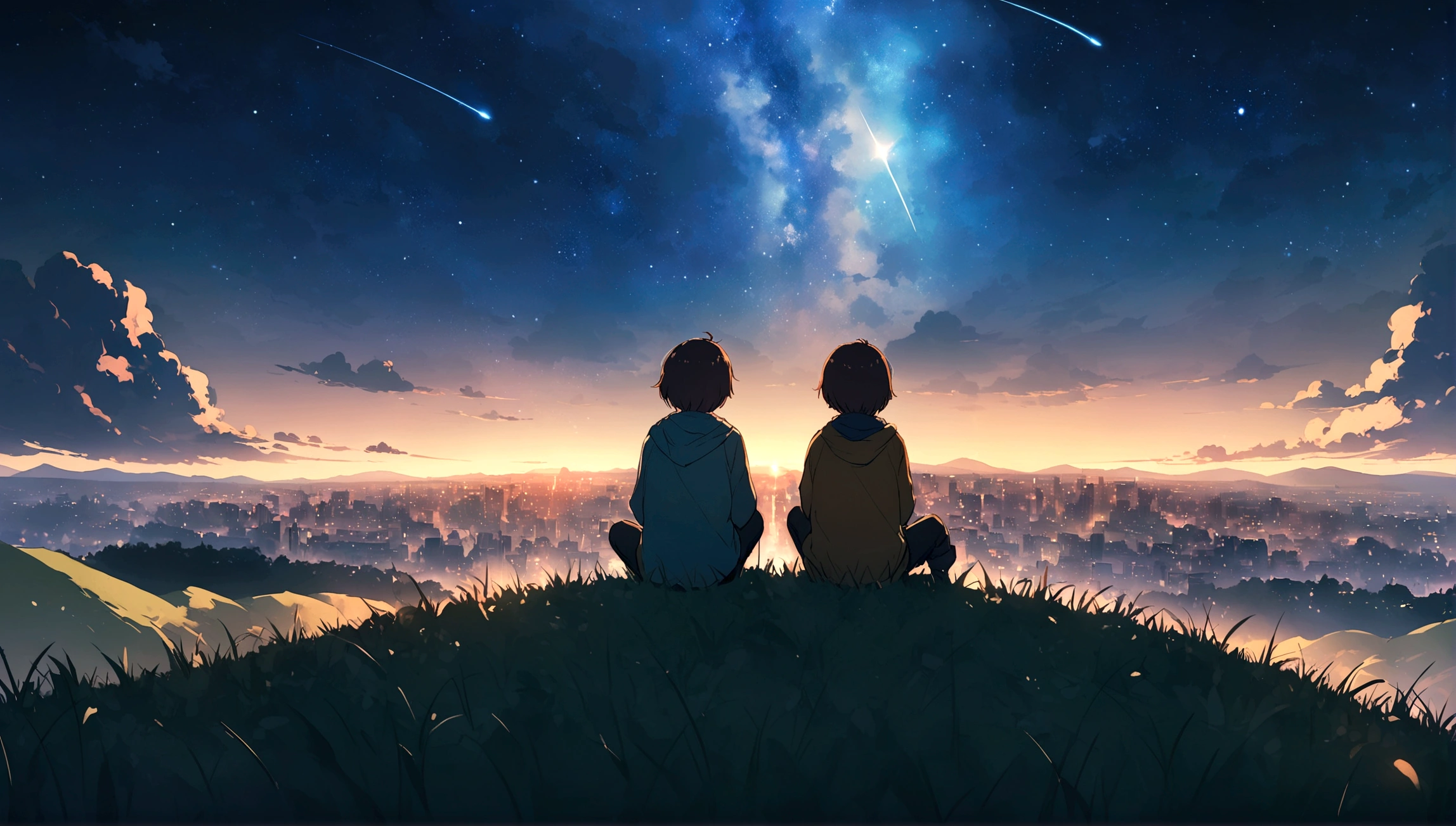 Super detailed、nostalgic appeal、City of night、The sky is wonderful、meteor、3 year old little boy sitting on top of a building、Brown Hair、Back view、The city is bright with streetlights、Landscape Main、Highest quality、Anime Scenery、Xin Haichen、building、Field、Milky Way 110207, distant 3 year old little boy staring at
the performer,(Zoom out:1.1),(meteor:1.2)、(comet:1.1,yourname、Low Angle、From behind、Alola、shooting star、Standing in the Field、Highest quality、masterpiece、cloud、colorful、Starry Sky、performer、