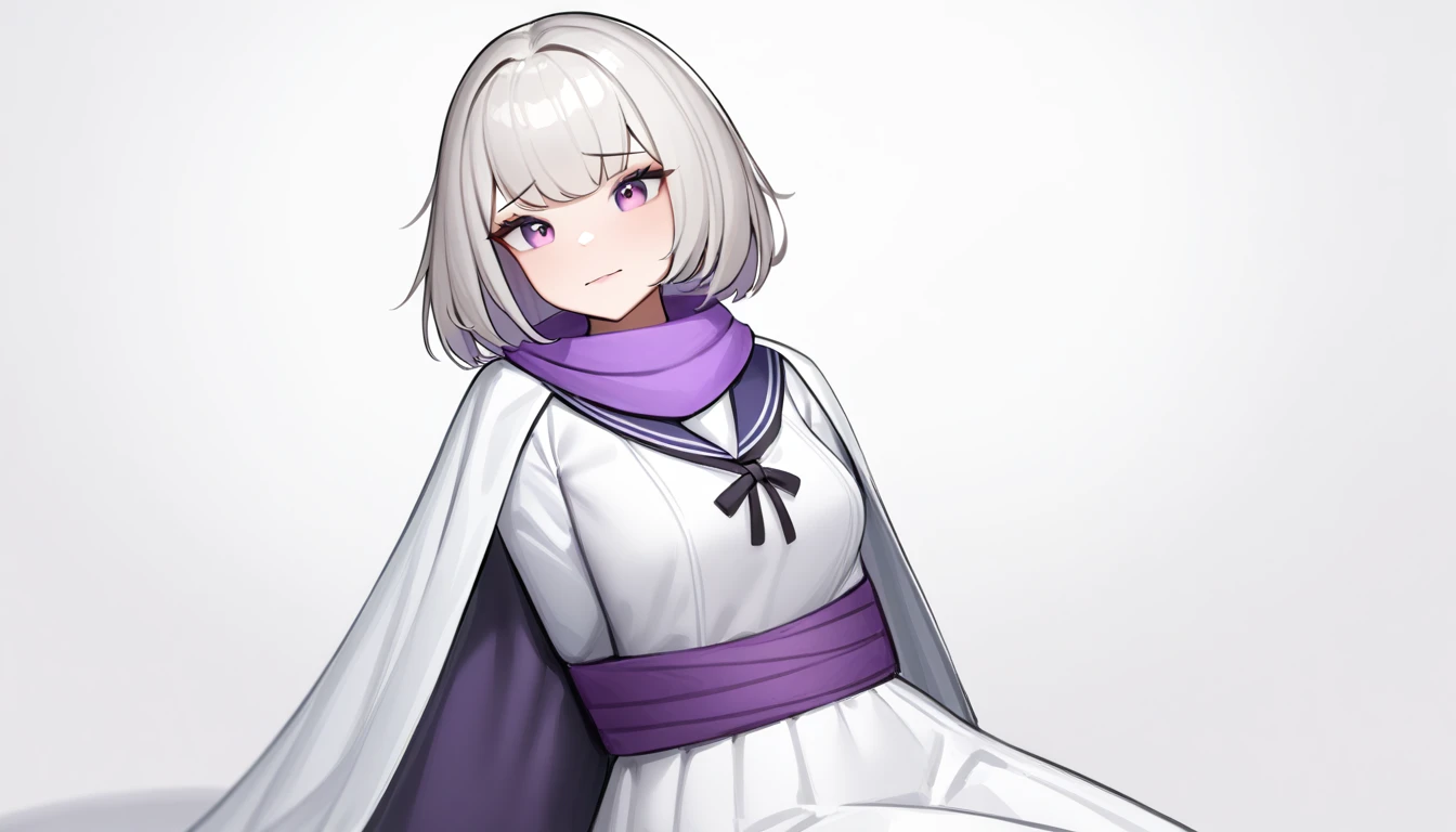 ,bkornblume,1girl,solo,simple background,white background,nai3,masterpiece, best quality, very aesthetic, absurdres, white dress, white skirt, purple scarf, white cape, sailor collar, sitting on bed, tied up, otm gag, upper body,